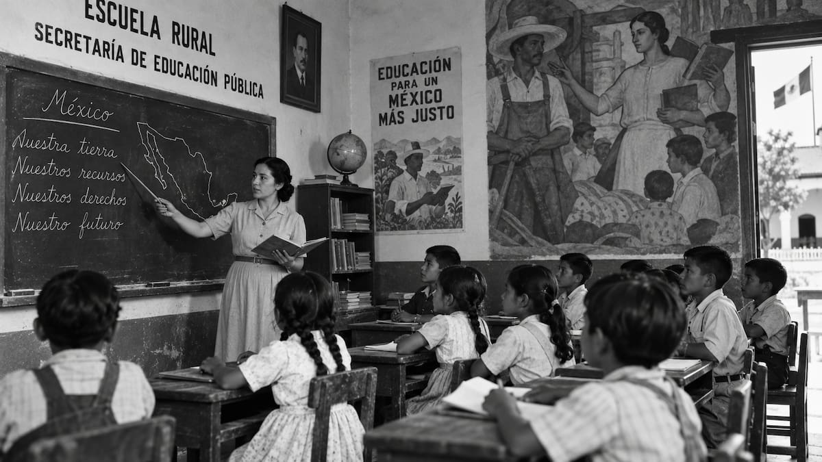 Durante el sexenio de Lázaro Cárdenas (1934-1940), el gobierno impulsó la educación rural, la formación de maestros y la enseñanza pública con orientación socialista, con el objetivo de ampliar el acceso a la educación en las comunidades del país. | Imagen recreada con inteligencia artificial.