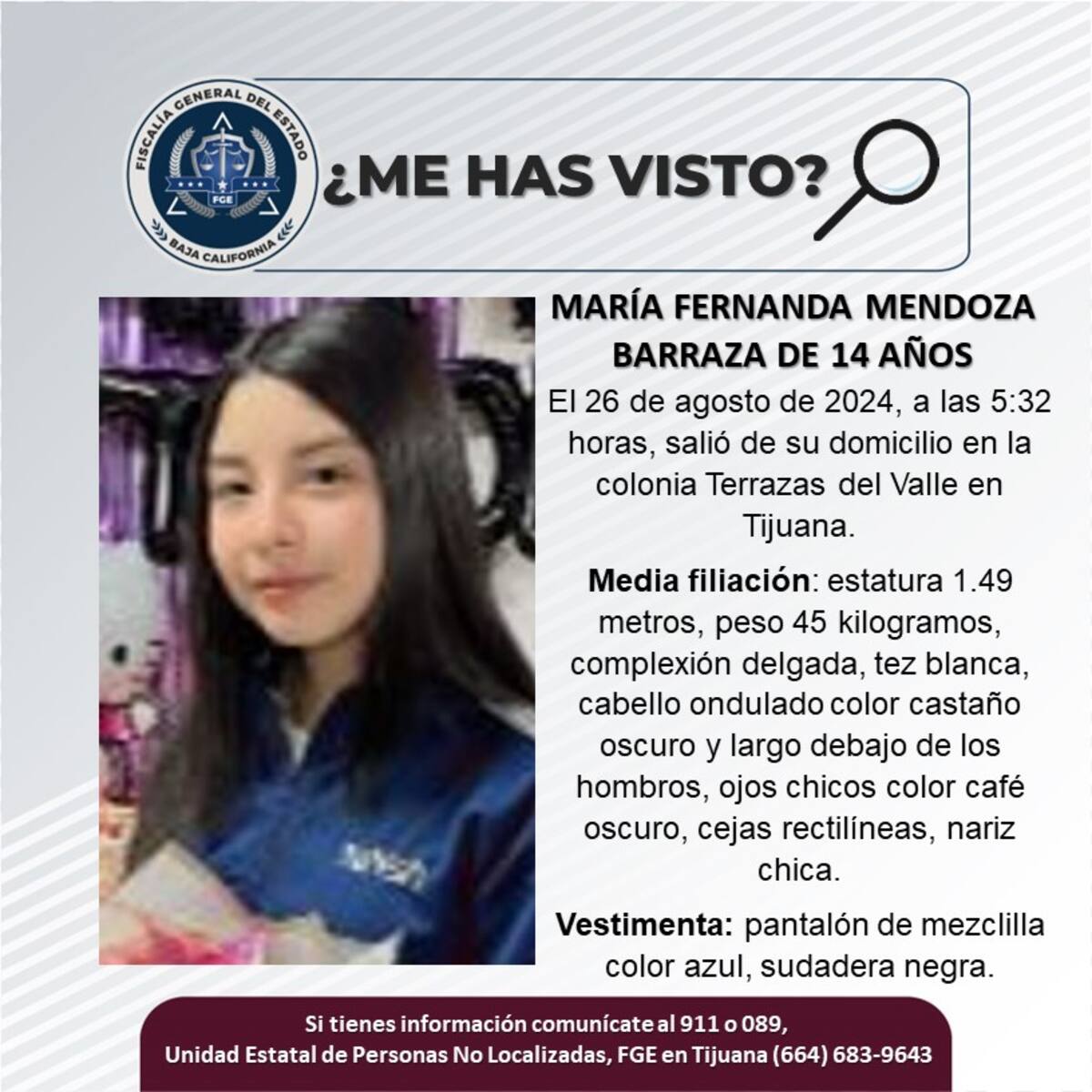 María Fernanda Mendoza Barraza fue vista por última vez el 26 de agosto de 2024.