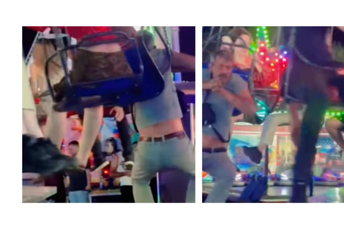 Hombre se suelta del asiento en plena atracción mecánica y queda colgado solo de los brazos