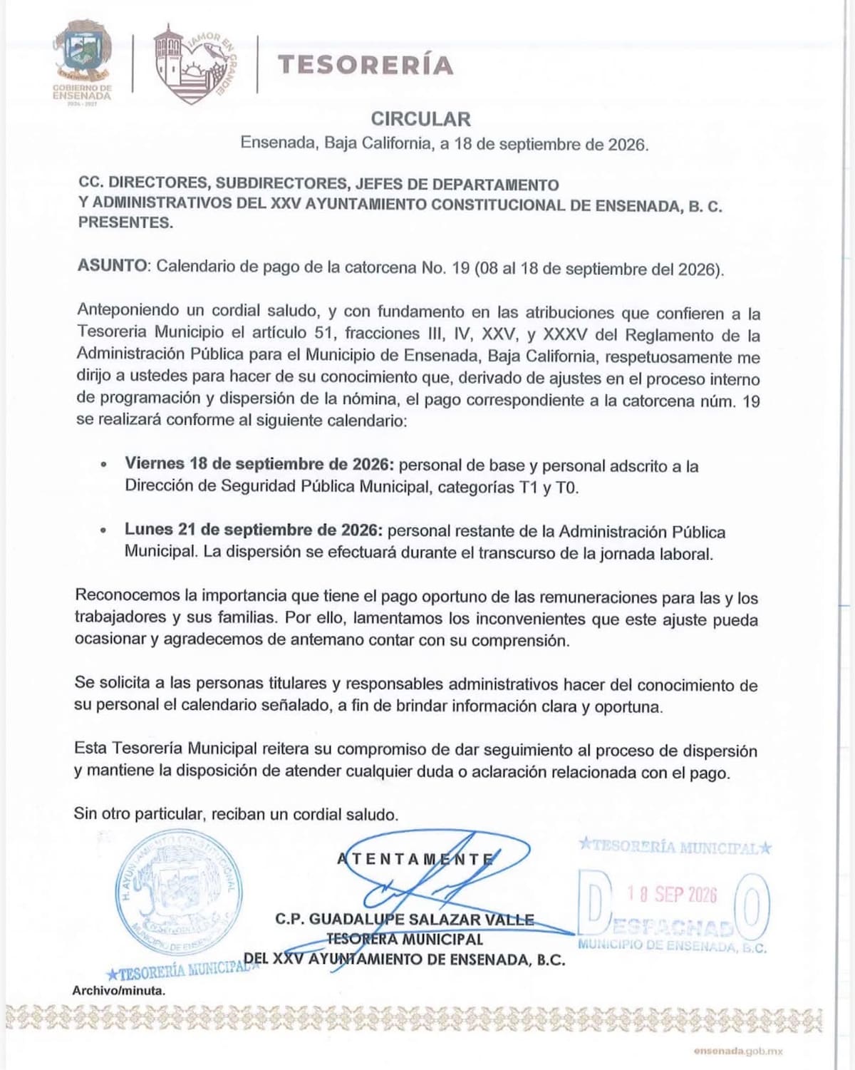 Personal del Ayuntamiento de Ensenada deberá esperar hasta el lunes 21 de septiembre para recibir el pago correspondiente a la catorcena número 19. Foto: Cortesía
