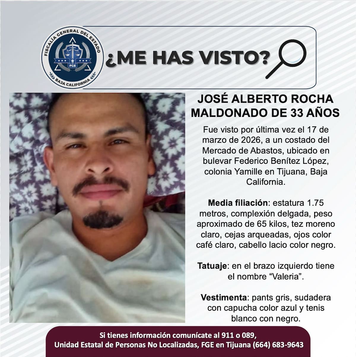 Fue visto por última vez el 17 de marzo de 2026.