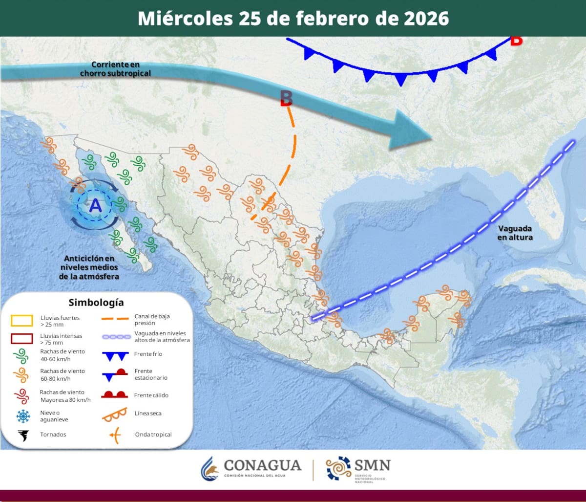 Pronóstico del clima para el miércoles 25 de febrero del 2026. | Crédito: SMN