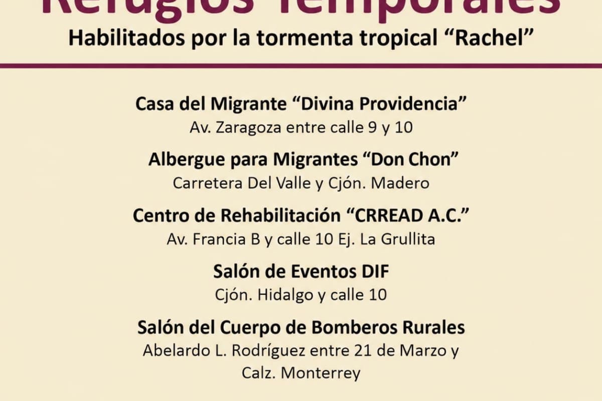 Habilitan albergues temporales ante posibles efectos de la tormenta tropical “Rachel”