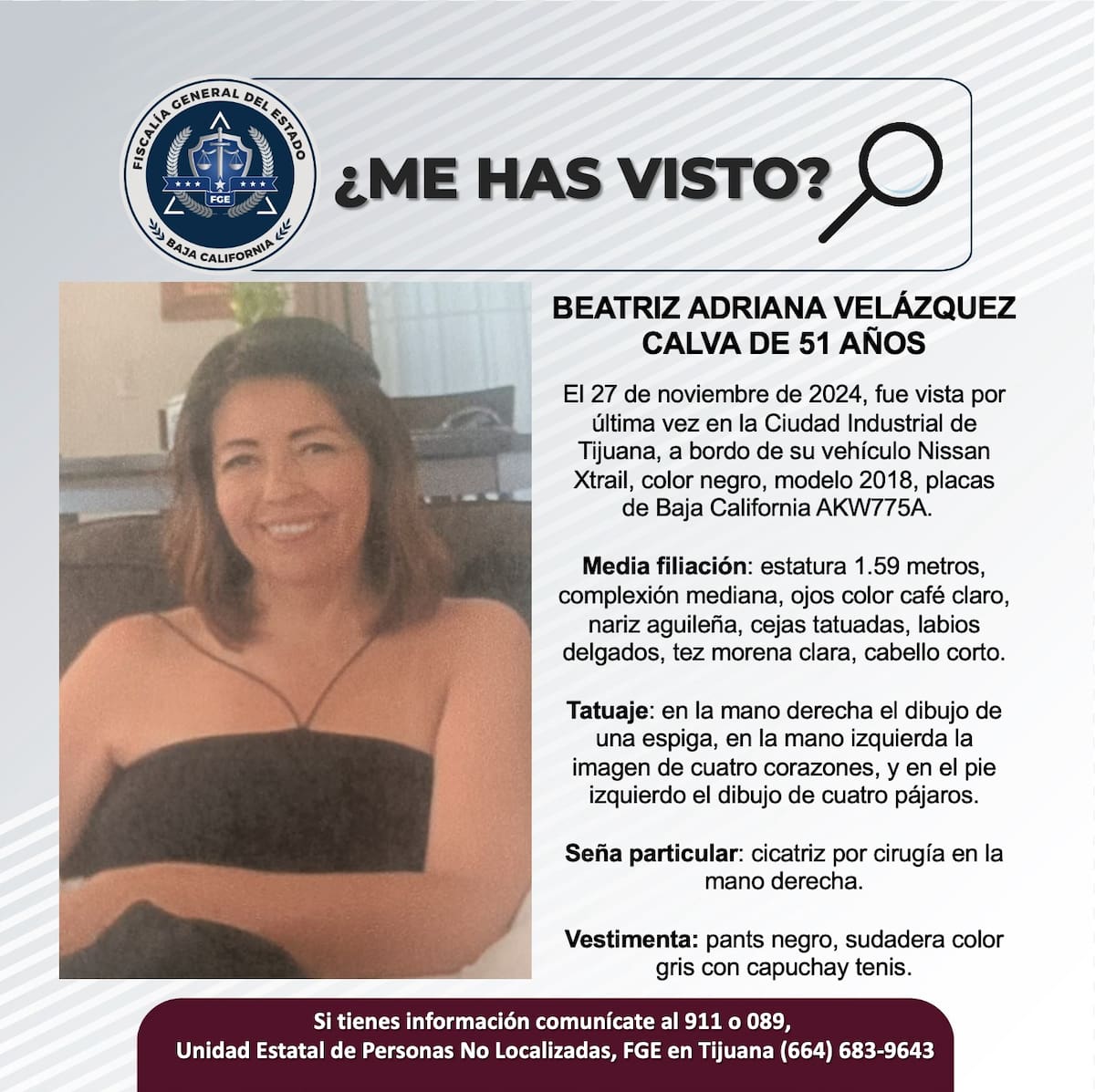 Beatriz Adriana Velázquez Calva fue vista por última vez el 27 de noviembre de 2024.
