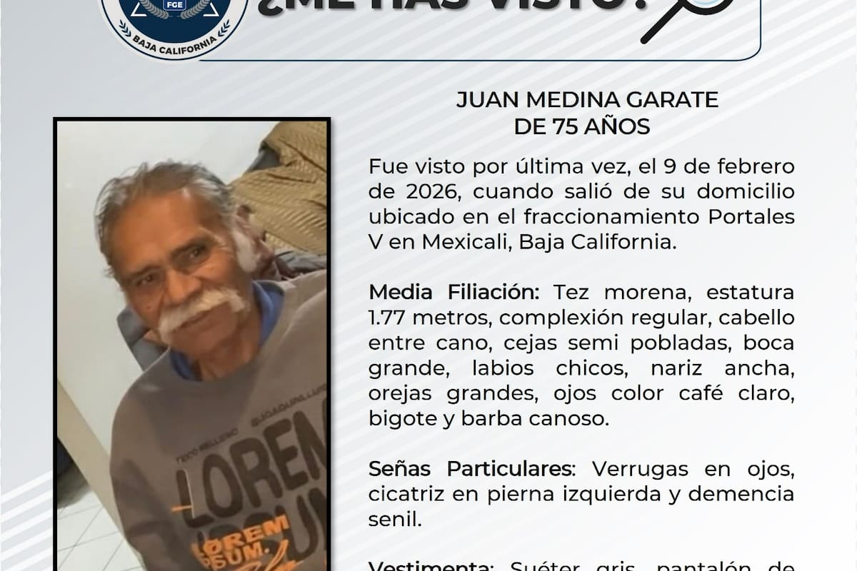 Buscan a Juan Medina Gárate, adulto mayor desaparecido en Mexicali