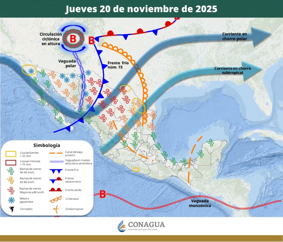 Pronóstico del clima para el jueves 20 de noviembre del 2025. | Crédito: SMN