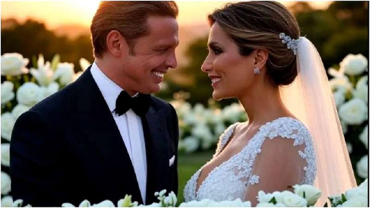 Las imágenes retratan a Luis Miguel con un traje negro y a Paloma Cuevas con un vestido de novia blanco.