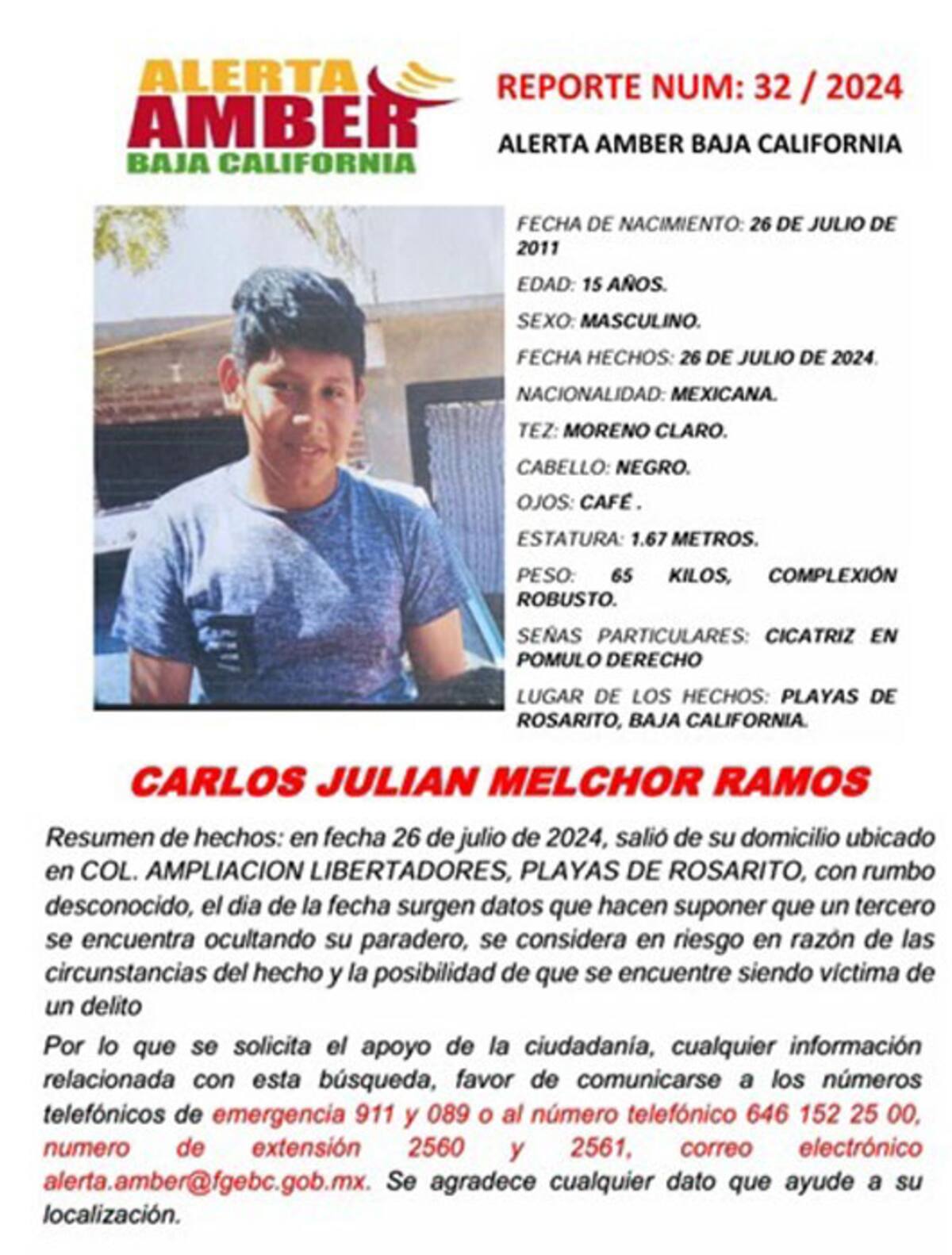 Alerta Amber de Carlos Julián Melchor Ramos, de 15 años de edad.