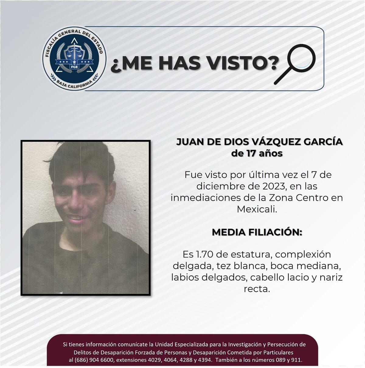 Fue visto por última vez el 7 de diciembre de 2023, en las inmediaciones de la Zona Centro en Mexicali I Foto: Cortesía