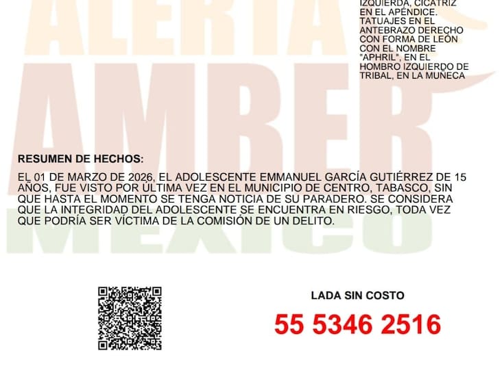 Activan Alerta Amber por Emmanuel García Gutiérrez de 15 años