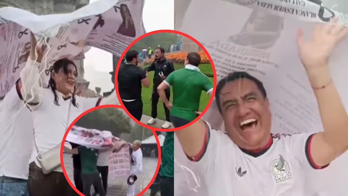 Aficionados usan lonas de personas desaparecidas para cubrirse de la lluvia y golpean a reportero en el Ángel de la Independencia tras el partido inaugural del Mundial