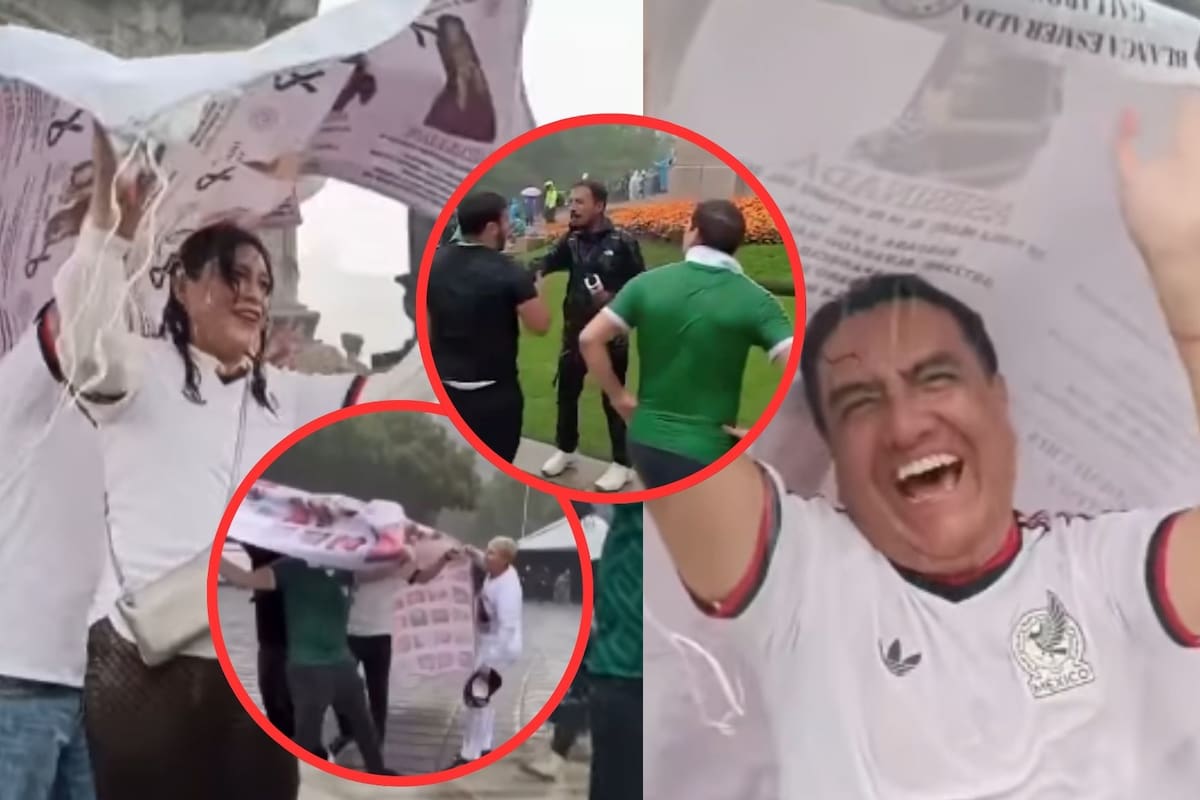 Aficionados usan lonas de personas desaparecidas para cubrirse de la lluvia y golpean a reportero en el Ángel de la Independencia tras el partido inaugural del Mundial