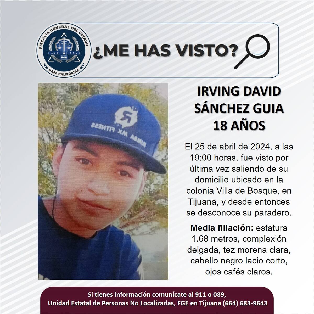 Irving David Sánchez Guía fue visto por última vez el 20 de agosto de 2024.
