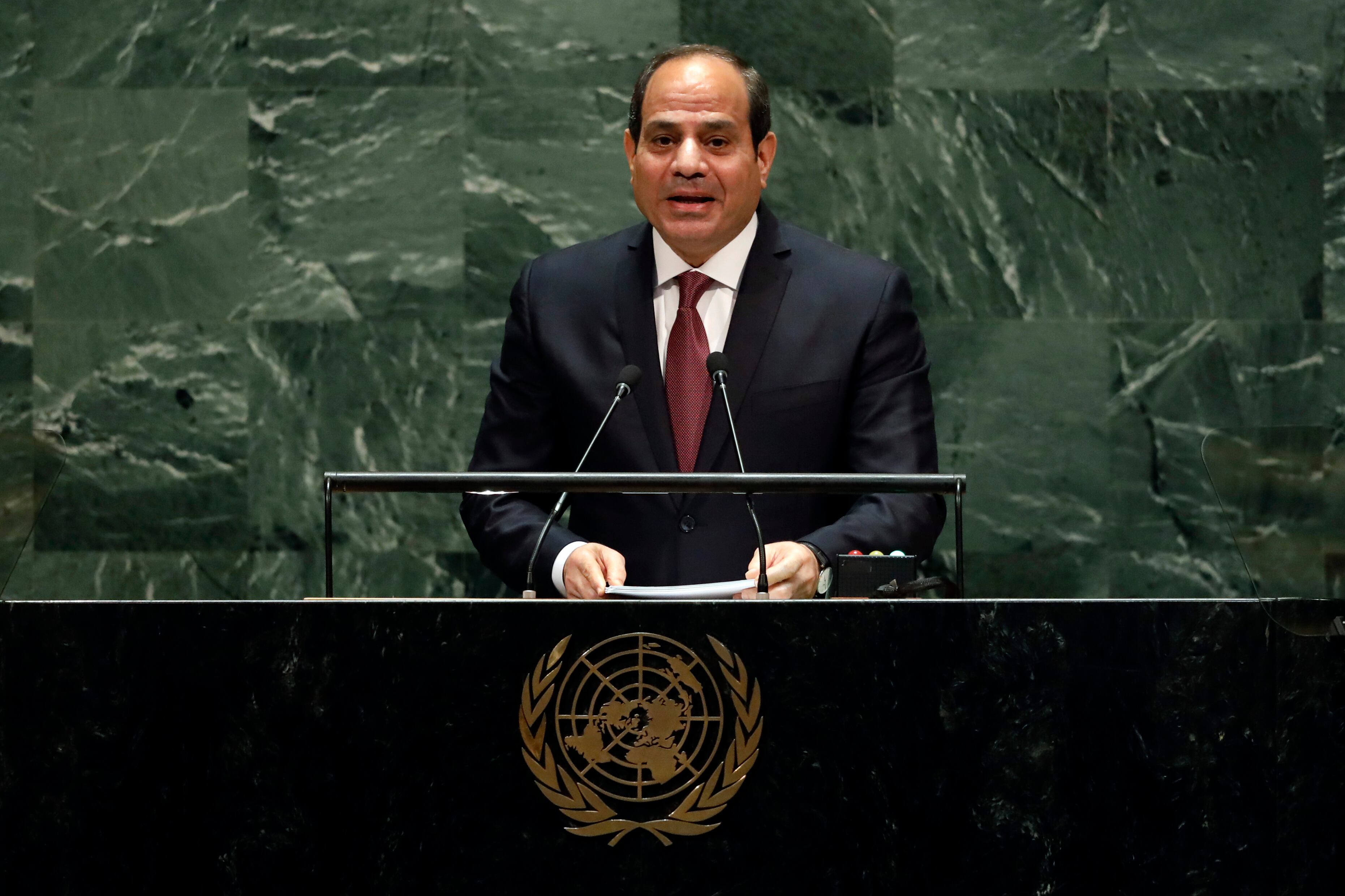 El presidente egipcio Abdel Fatá el-Sisi en la sede de la ONU en Nueva York el 24 de septiembre del 2019. (AP Photo/Richard Drew, File)