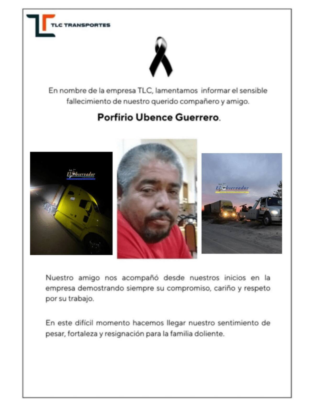 Mensaje de condolencia dirigido a la familia de Porfirio Ubence Guerrero. Foto: Redes