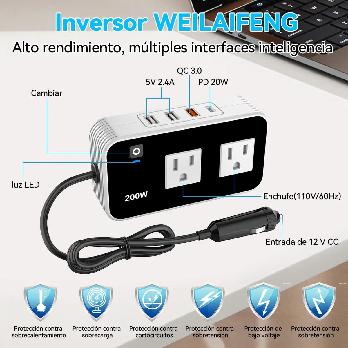 Inversor de corriente para auto de 200W| Mercado Libre