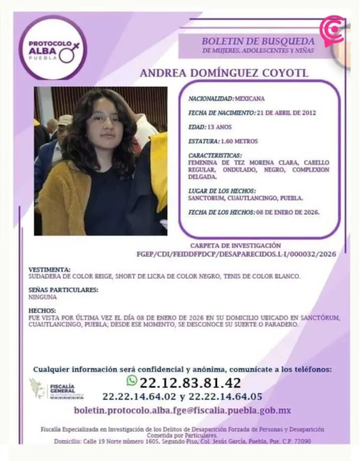 Ficha de búsqueda de Andrea. | Especial