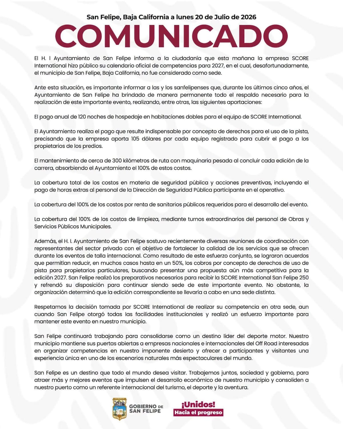 En el comunicado, el Ayuntamiento aseguró que continuará trabajando para consolidar a San Felipe como un destino para el deporte motor.│Foto: Ayuntamiento de San Felipe