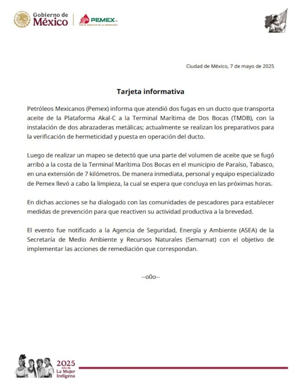 Pemex confirma derrame de hidrocarburo en Paraíso, Tabasco.