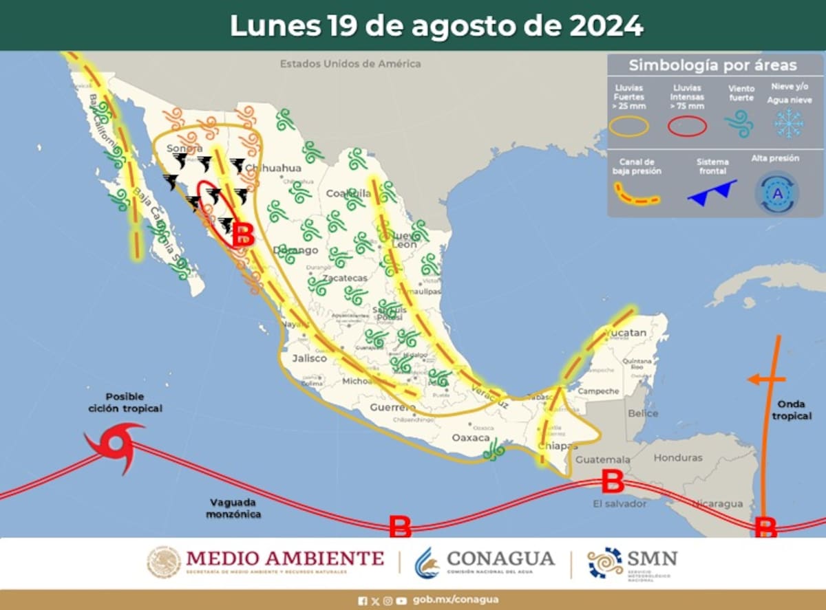 La actual Depresión Tropical Siete-E se convertiría en la Tormenta Tropical Gilma. | Crédito: SMN/Conagua