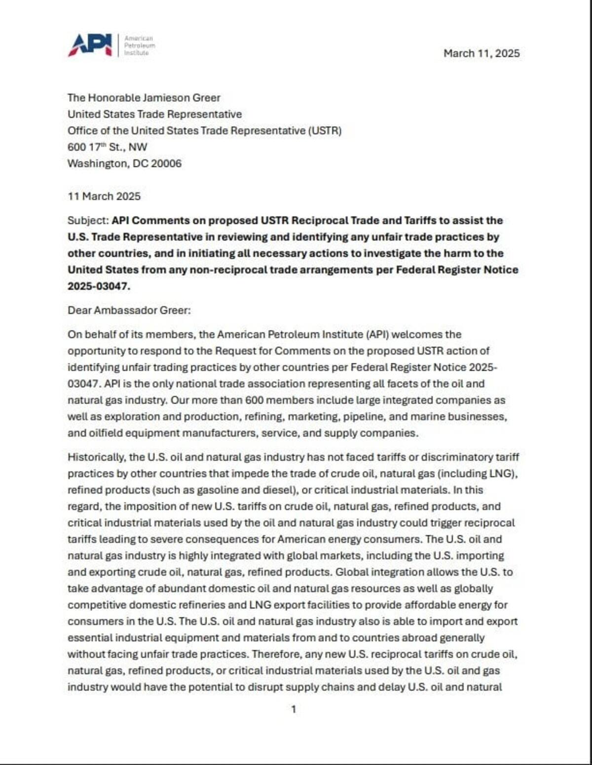 Carta del API.