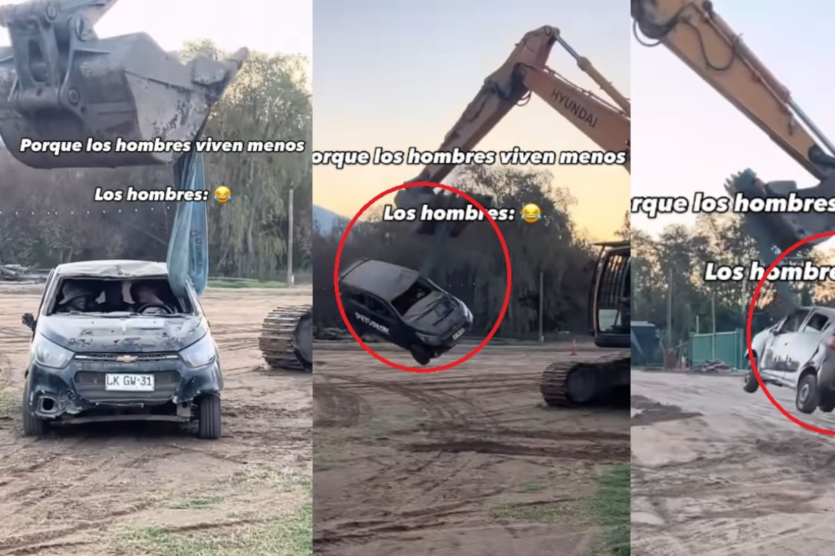 Experimento extremo: hombres se suben a un auto jalado por excavadora y terminan girando sin control