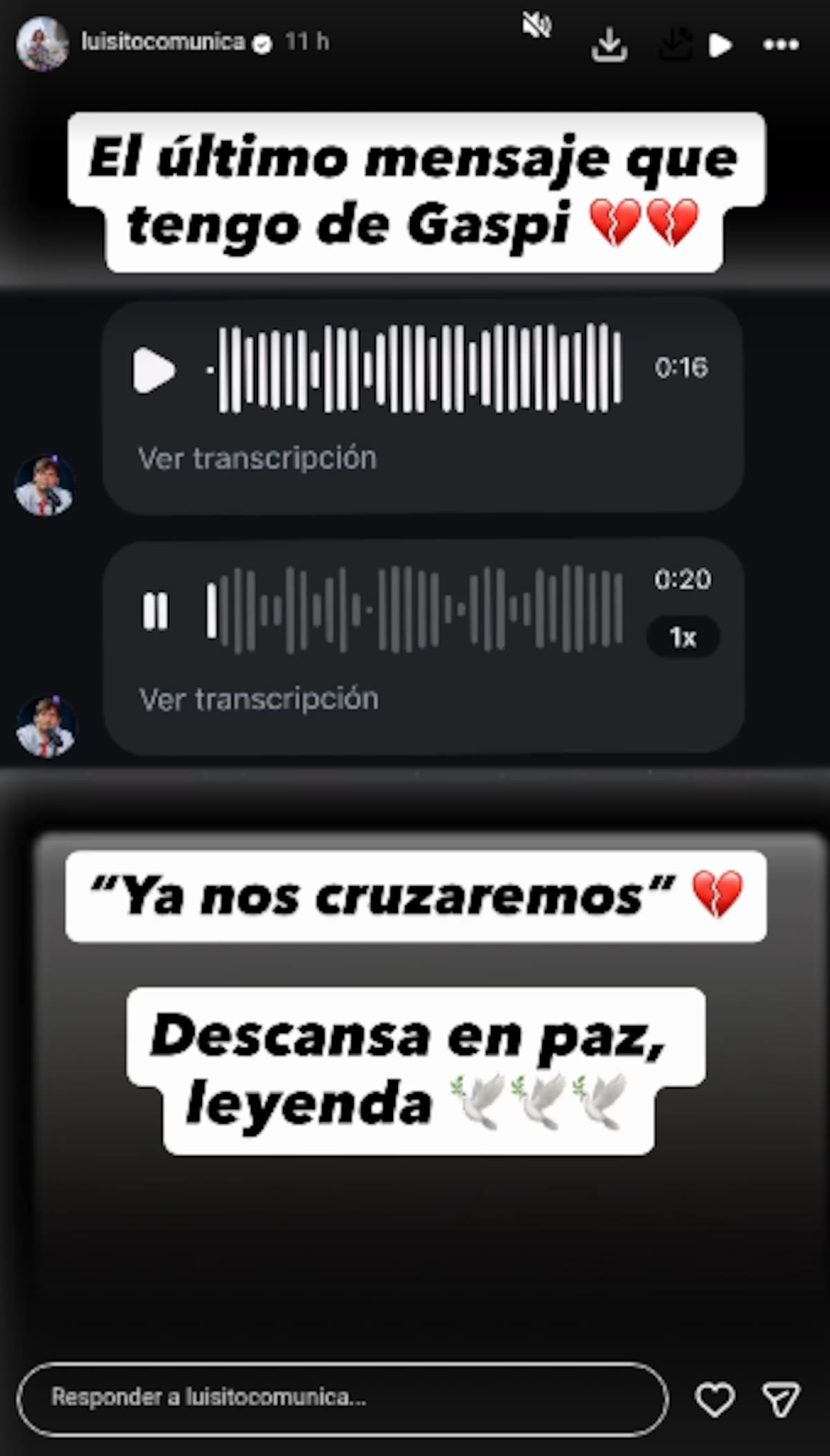 Luisito Comunica comparte último audio de Gaspi tras su muerte en Brasil.