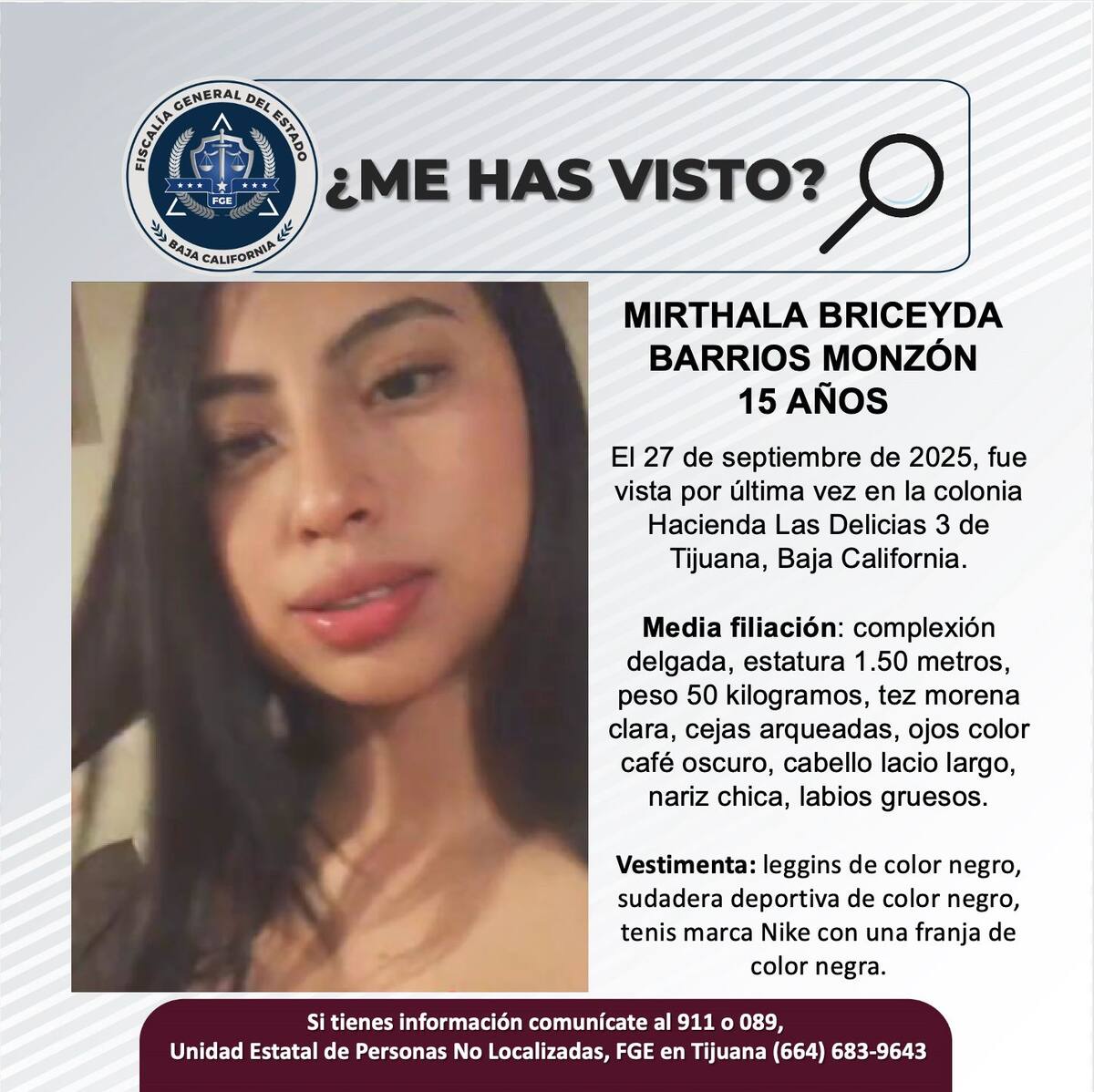 Fue vista por última vez el 27 de septiembre de 2025.