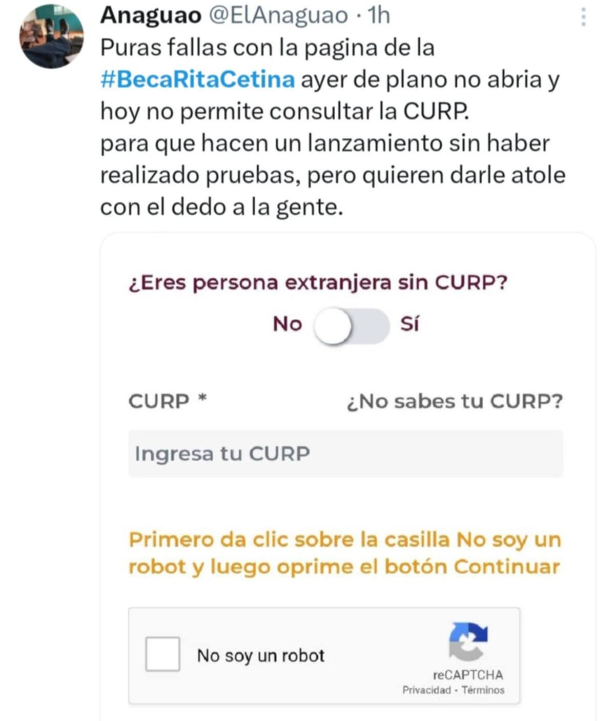 Los usuarios reportaron a través de las redes sociales, que después de ingresar la CURP, la página web no permite avanzar en el proceso