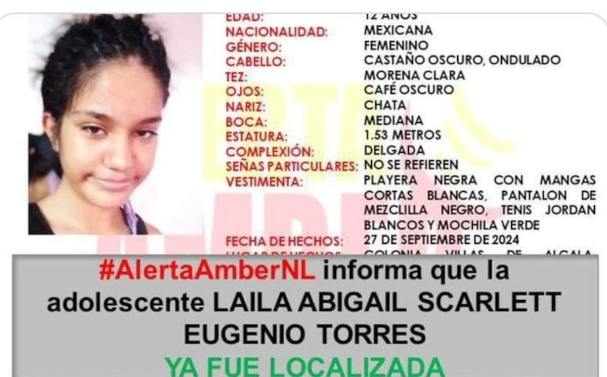 Encuentran a Laila Abigail, menor de 12 años desaparecida en Nuevo León. Foto: Alerta Amber