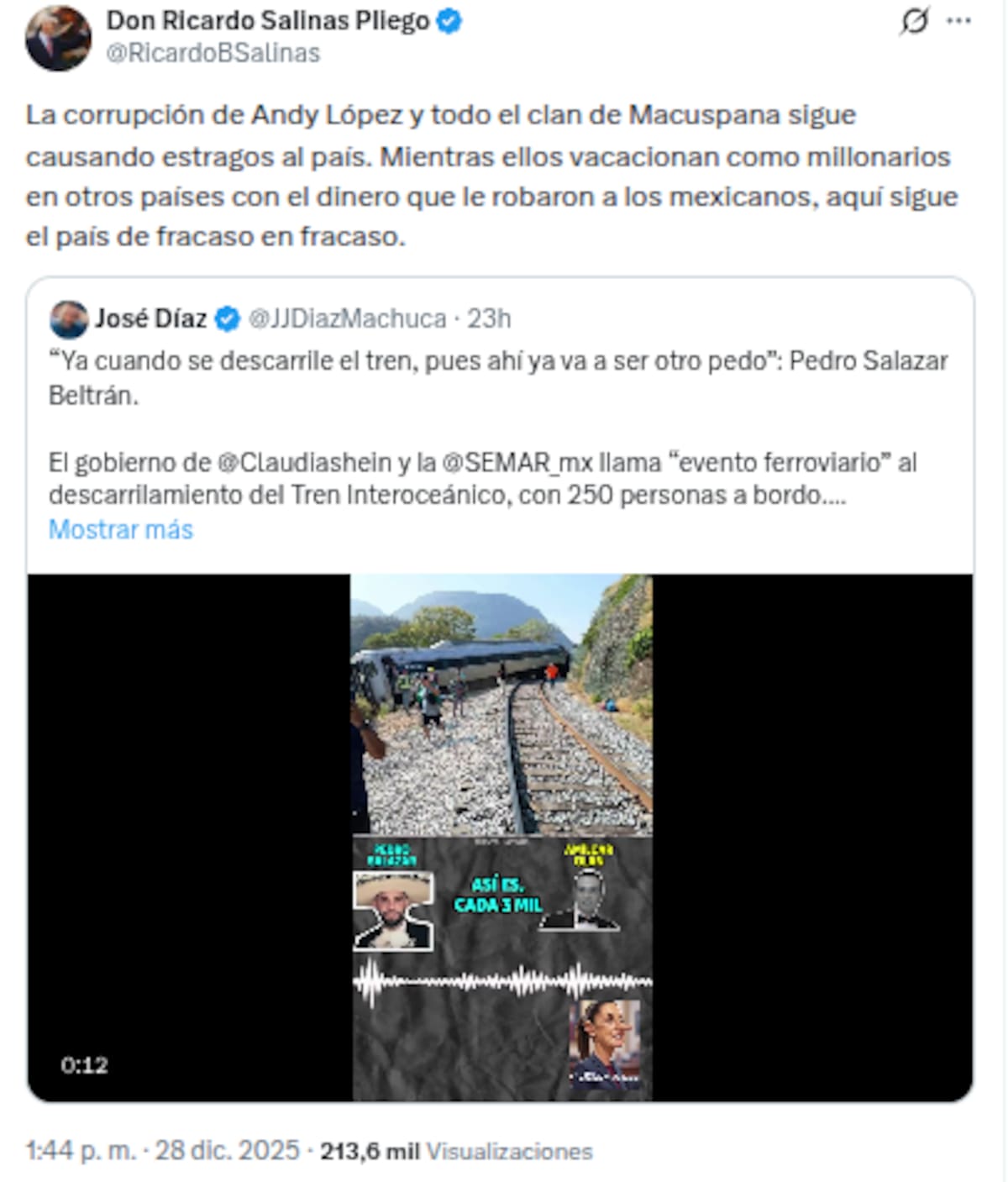 Salinas Pliego arremete contra la 4T tras descarrilamiento del Tren Interoceánico en Oaxaca. | Captura de pantalla