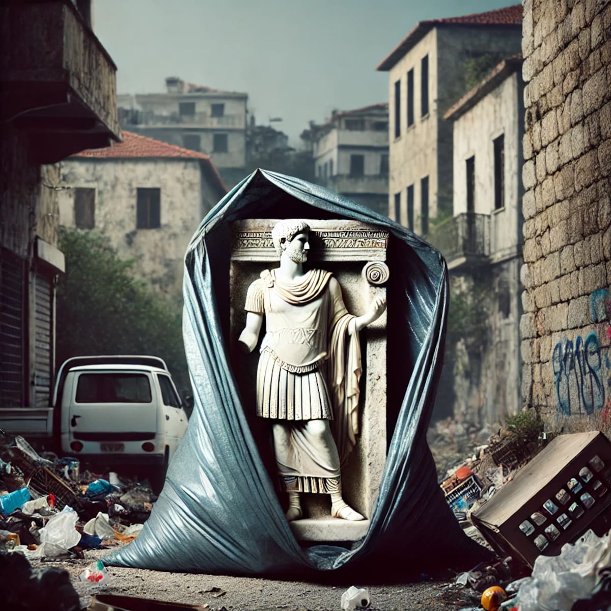 Representación ilustrativa de una estatua helenística similar a la encontrada en una bolsa de basura cerca de Tesalónica, Grecia. Creada con inteligencia artificial (Chatgpt).