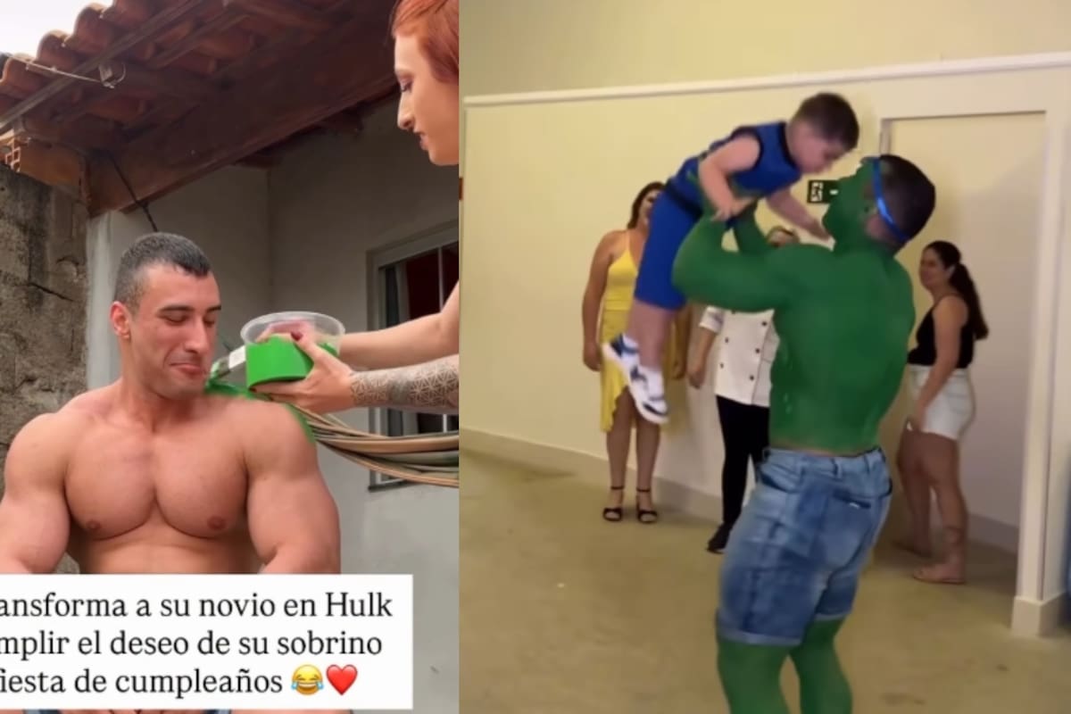 ‘Ya se ganó a toda la familia fácil’: mujer pinta de verde a su novio para convertirlo en Hulk en la fiesta de su sobrino