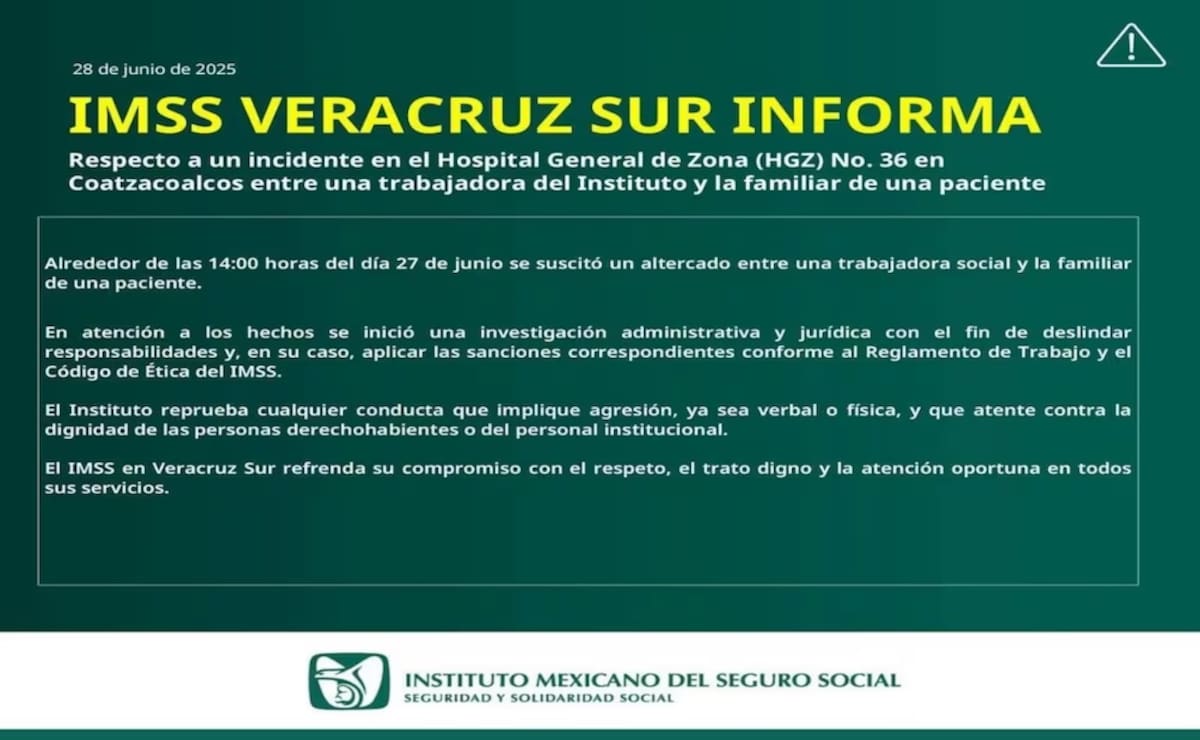 IMSS Veracruz emite comunicado por una empleada que agredió a una mujer familiar de un paciente que estaba internado en uno de sus hospitales. | @IMSS