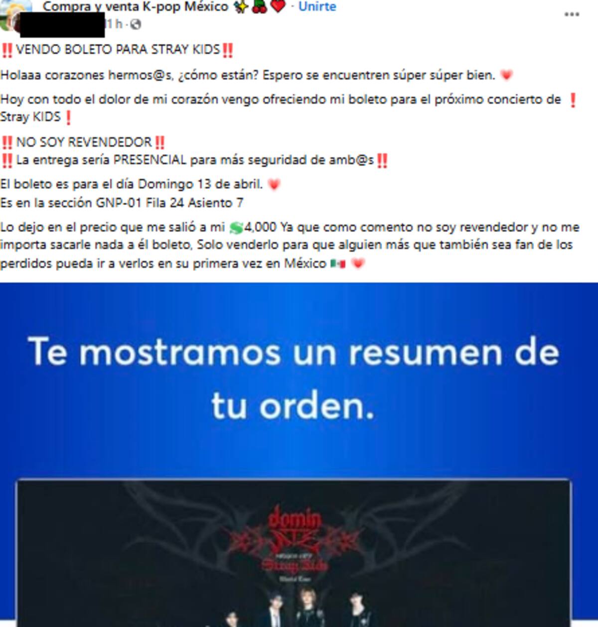 Fans optan por vender sus boletos al precio que los compraron o más baratos, muchos con el objetivo de asistir al concierto de J-Hope cuando se anuncie la venta de boletos. / Imagen ilustrativa obtenida de una captura de pantalla de una publicación de Facebook.