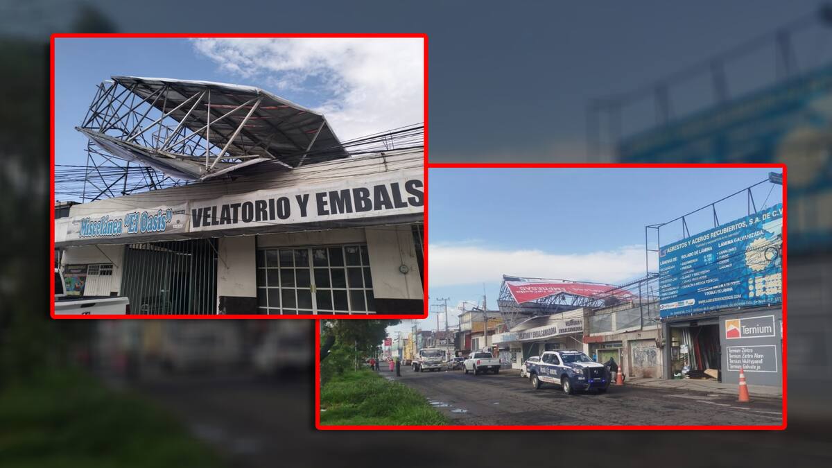 Fuertes vientos del Valle de México provocan la caída de un anuncio espectacular sobre tres edificios en Ecatepec