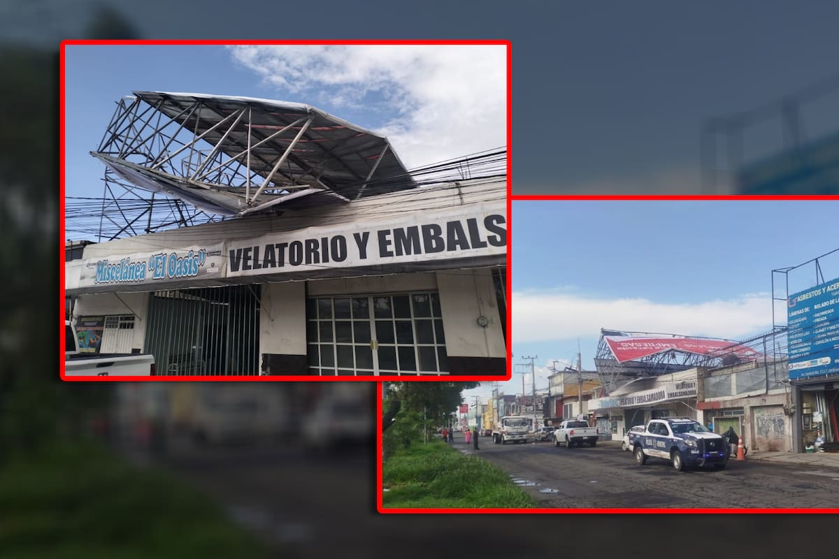 Fuertes vientos del Valle de México provocan la caída de un anuncio espectacular sobre tres edificios en Ecatepec