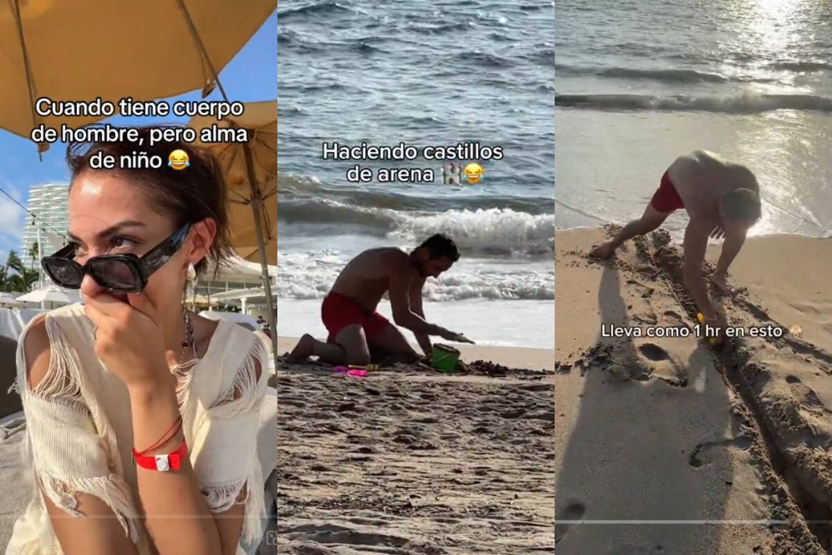 Mujer se queda sorprendida: su esposo se emociona como niño al hacer castillos de arena en la playa
