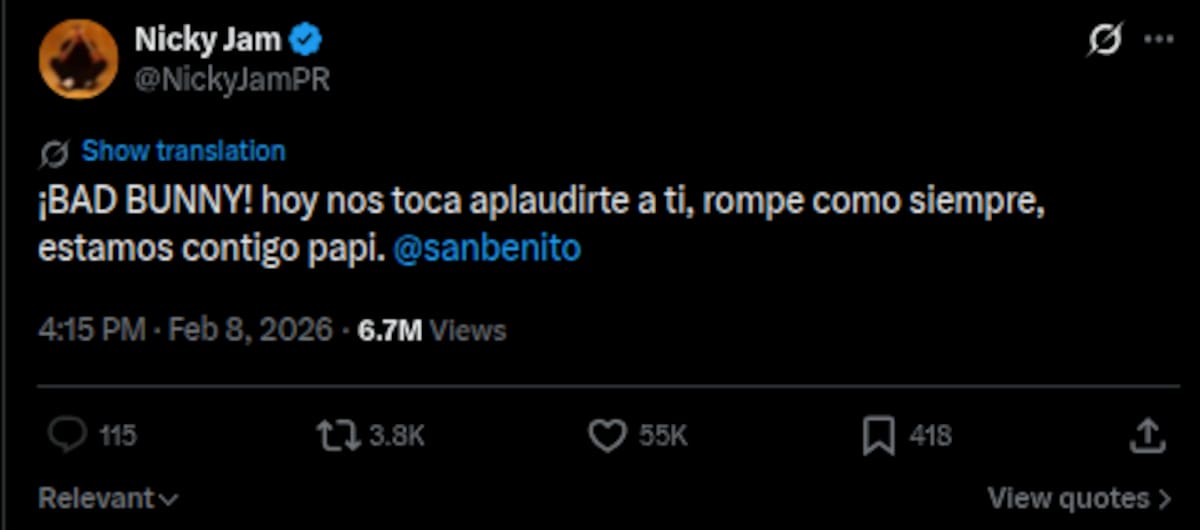 Nicky Jam felicitó a Bad Bunny por su presentación en el medio tiempo del Super Bowl