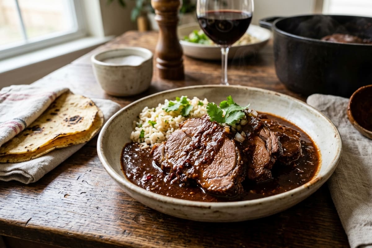 Lomo en salsa de vino tinto y chile pasilla