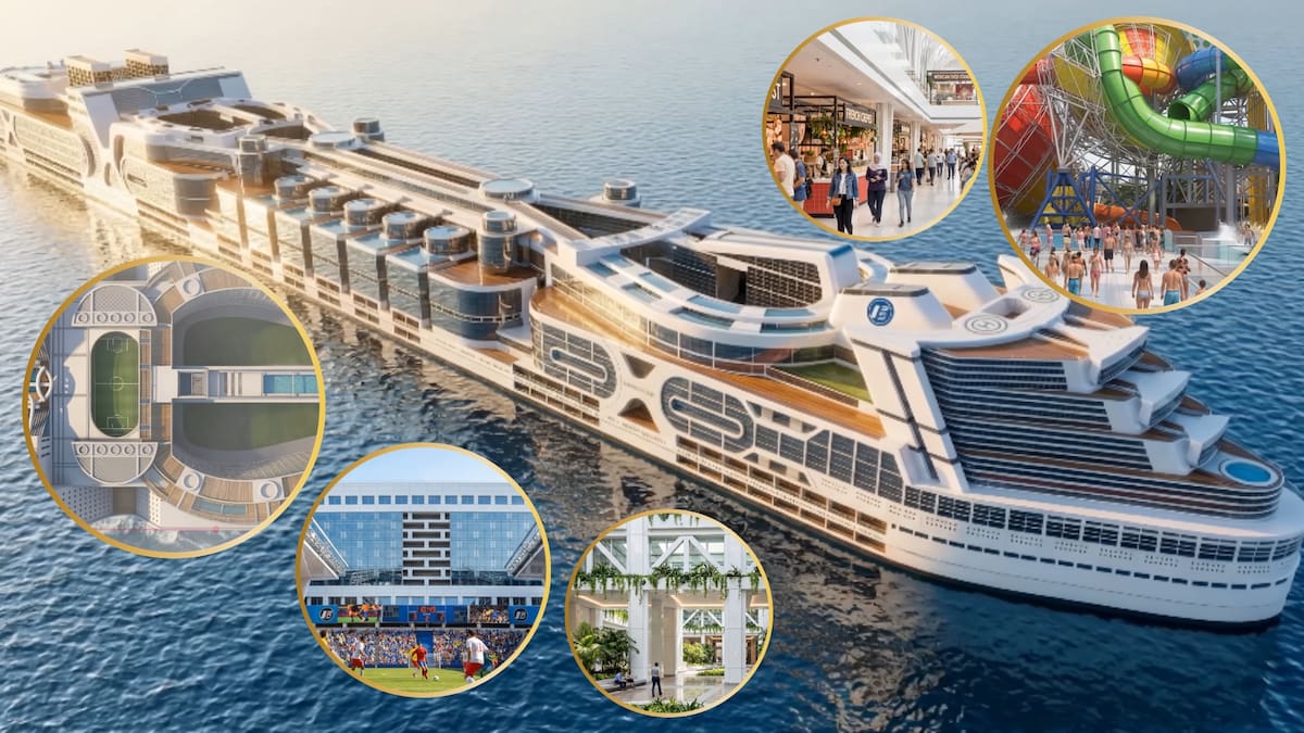 Casi 1.6 kilómetros de largo, 30 cubiertas de altura y un estadio para 15 mil personas dentro de un barco que daría la vuelta al mundo con 80 mil habitantes a bordo: así es el proyecto de la primera ciudad flotante permanente del planeta