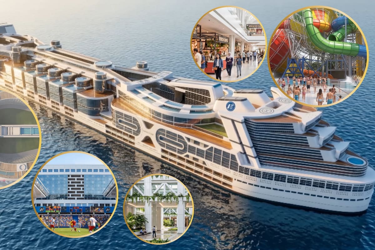 Casi 1.6 kilómetros de largo, 30 cubiertas de altura y un estadio para 15 mil personas dentro de un barco que daría la vuelta al mundo con 80 mil habitantes a bordo: así es el proyecto de la primera ciudad flotante permanente del planeta