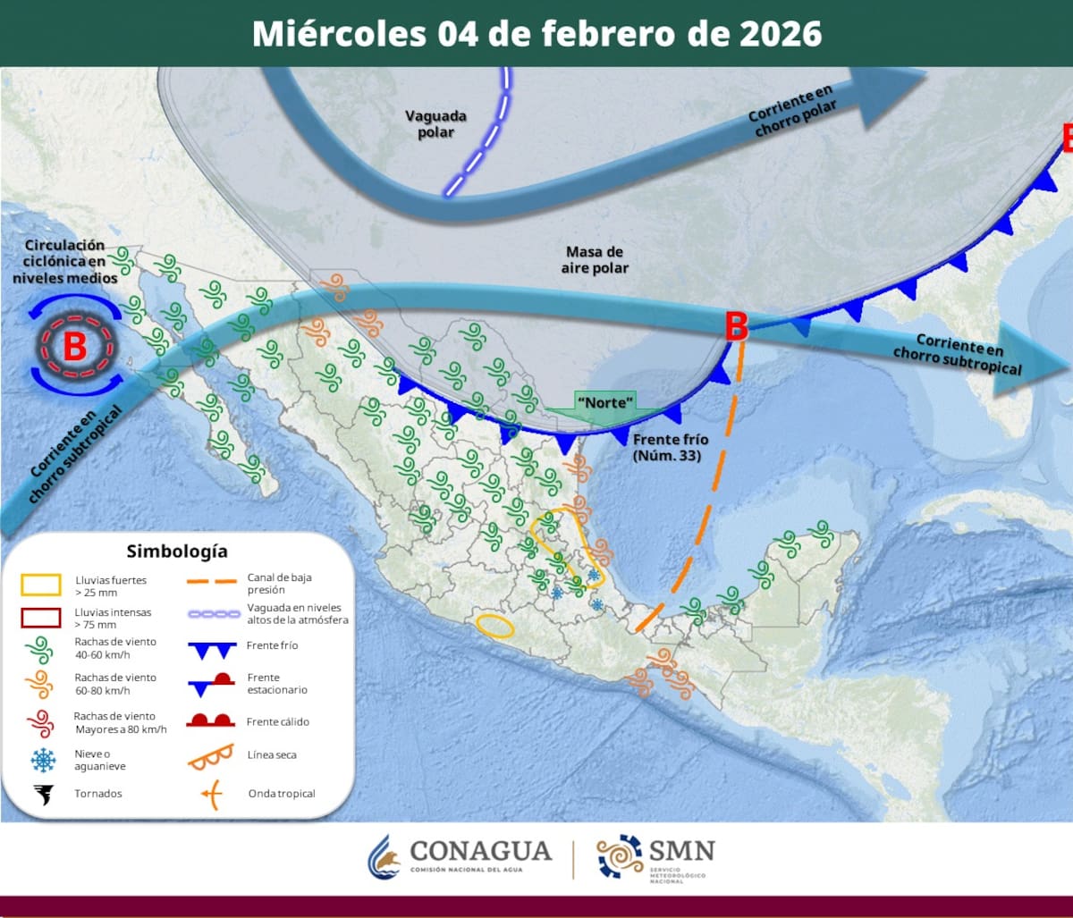 Pronóstico del clima para el miércoles 4 de febrero del 2026. | Crédito: SMN
