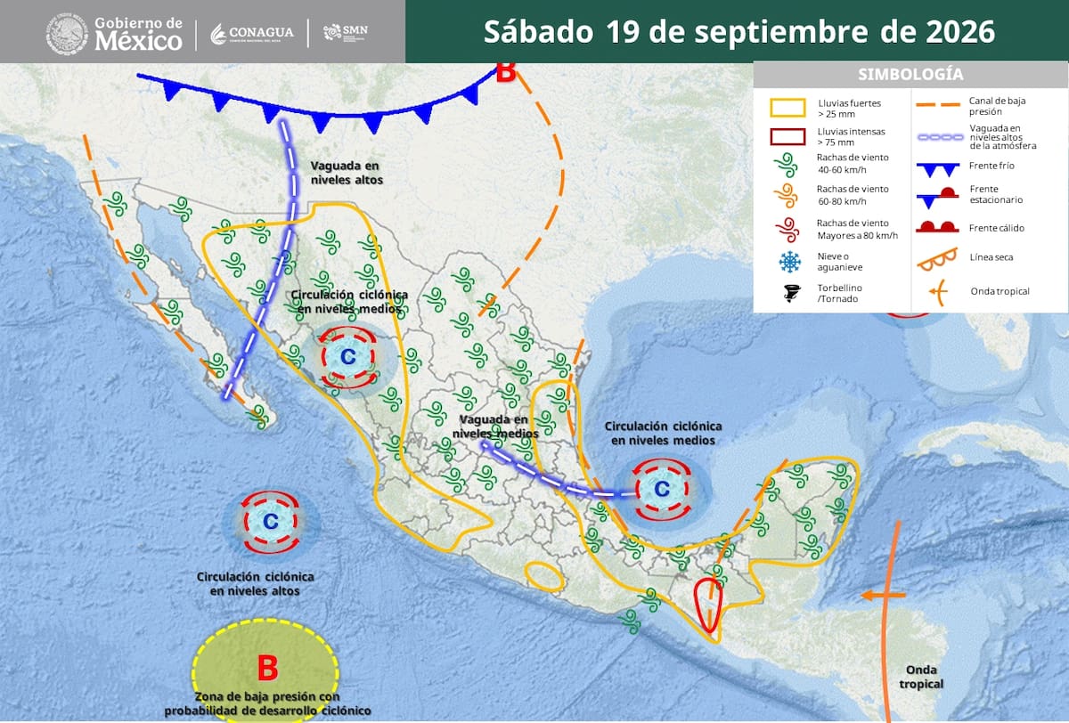 Pronóstico del clima para este sábado 19 de septiembre del 2026. | Crédito: SMN