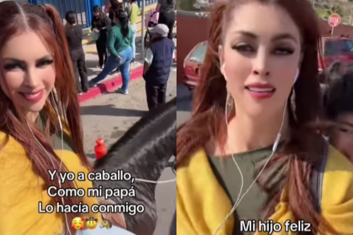 Mujer se vuelve viral por ser la única en la escuela que va por su hijo a caballo