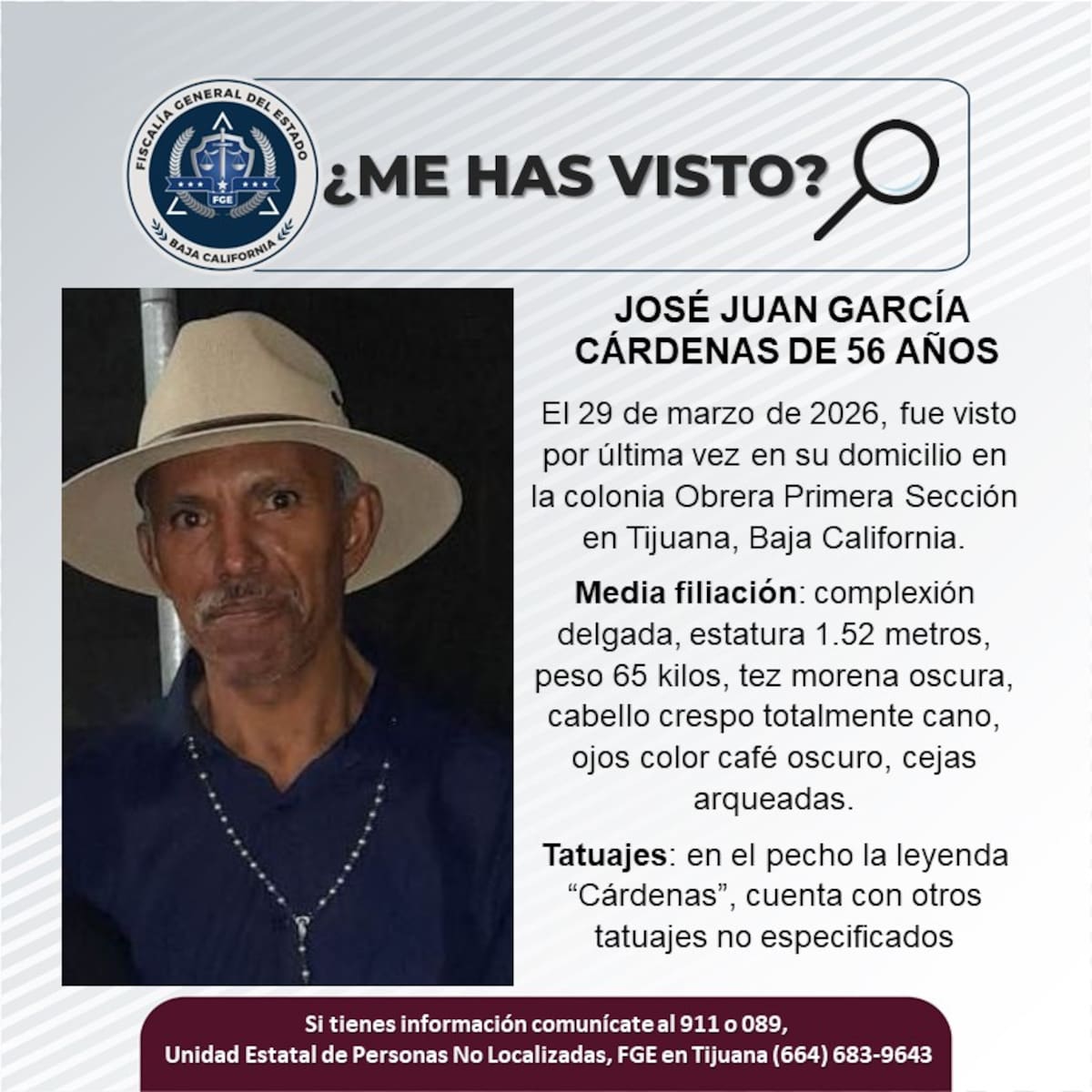 Fue visto por última vez el 29 de marzo de 2026.