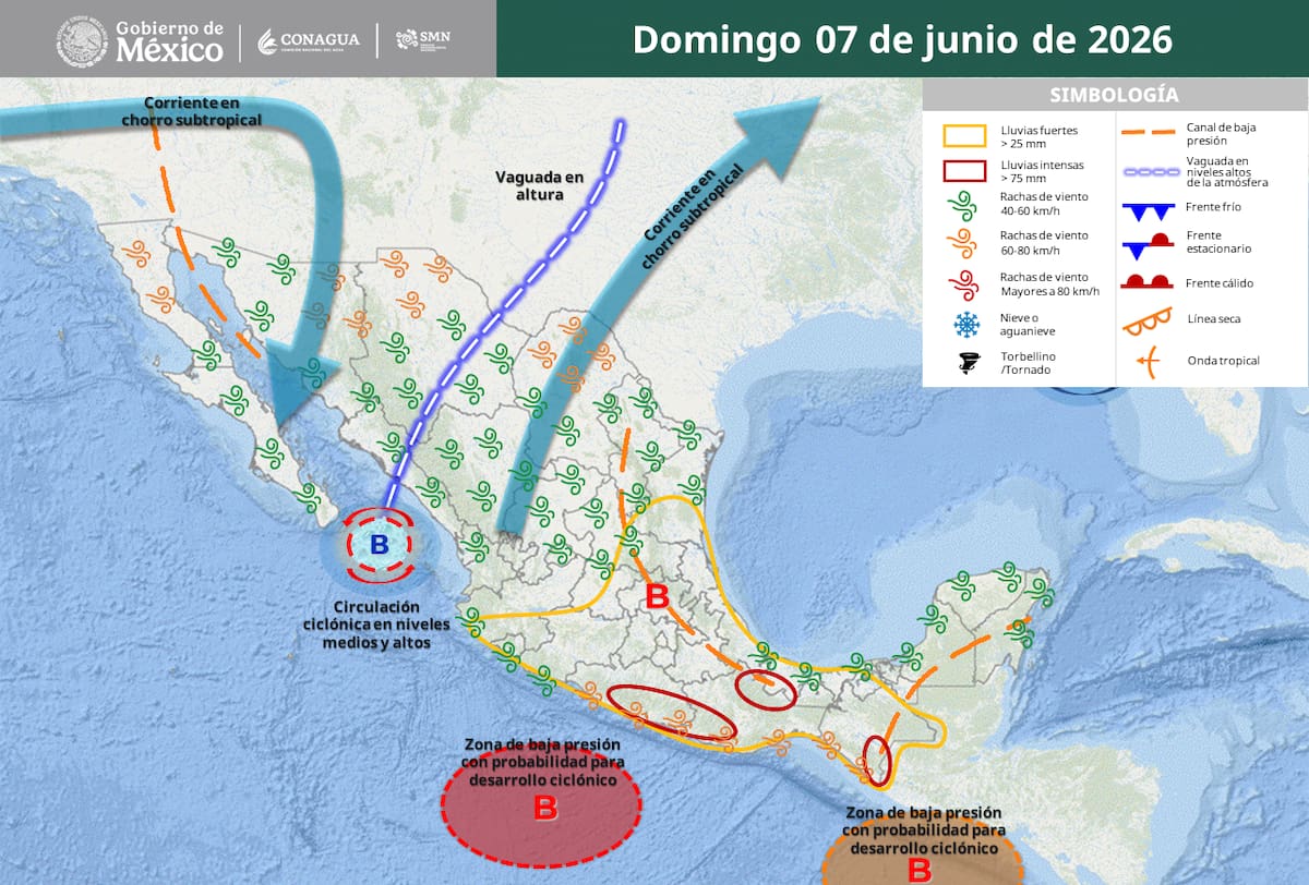 Áreas en vigilancia por desarrollo de tormentas significativas para el domingo 7 de junio. | SMN.