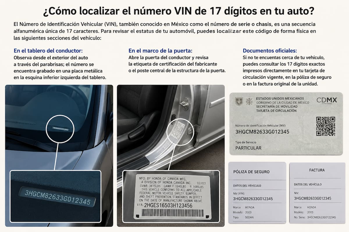 ¿Cómo localizar el número VIN de 17 dígitos en tu auto? | Imagen hecha con IA