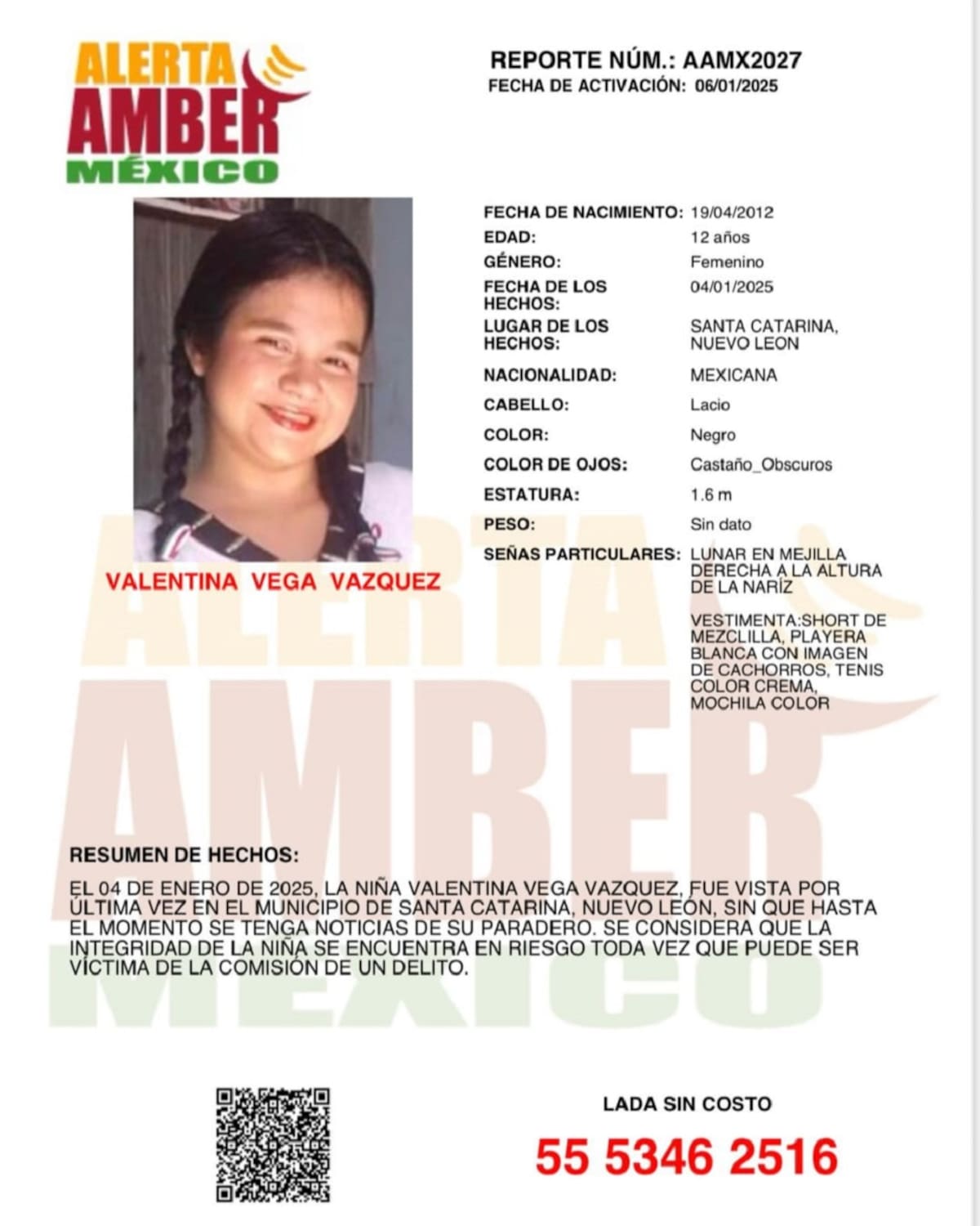 Alerta Amber de Valentina Vega Vázquez, de 12 años.