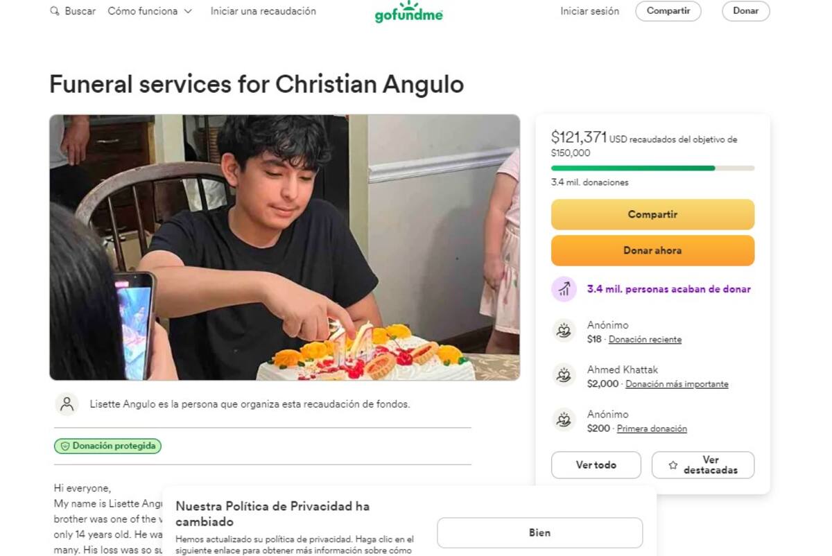 La página de Go Fund Me de Christian Angulo.